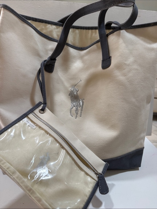 Ralph Lauren Handbags - Ralph Lauren White/Cream Canvas Bag Tote with Black Trim and Matching Zip Pouch